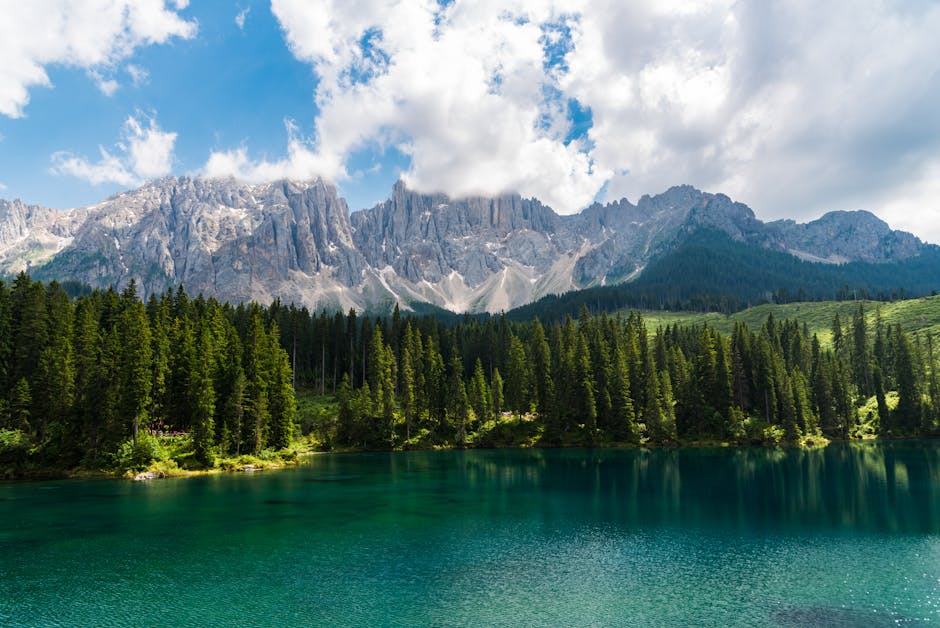 Breathtaking view of emerald lake surrounded by Dolomites and lush forest in Italy.